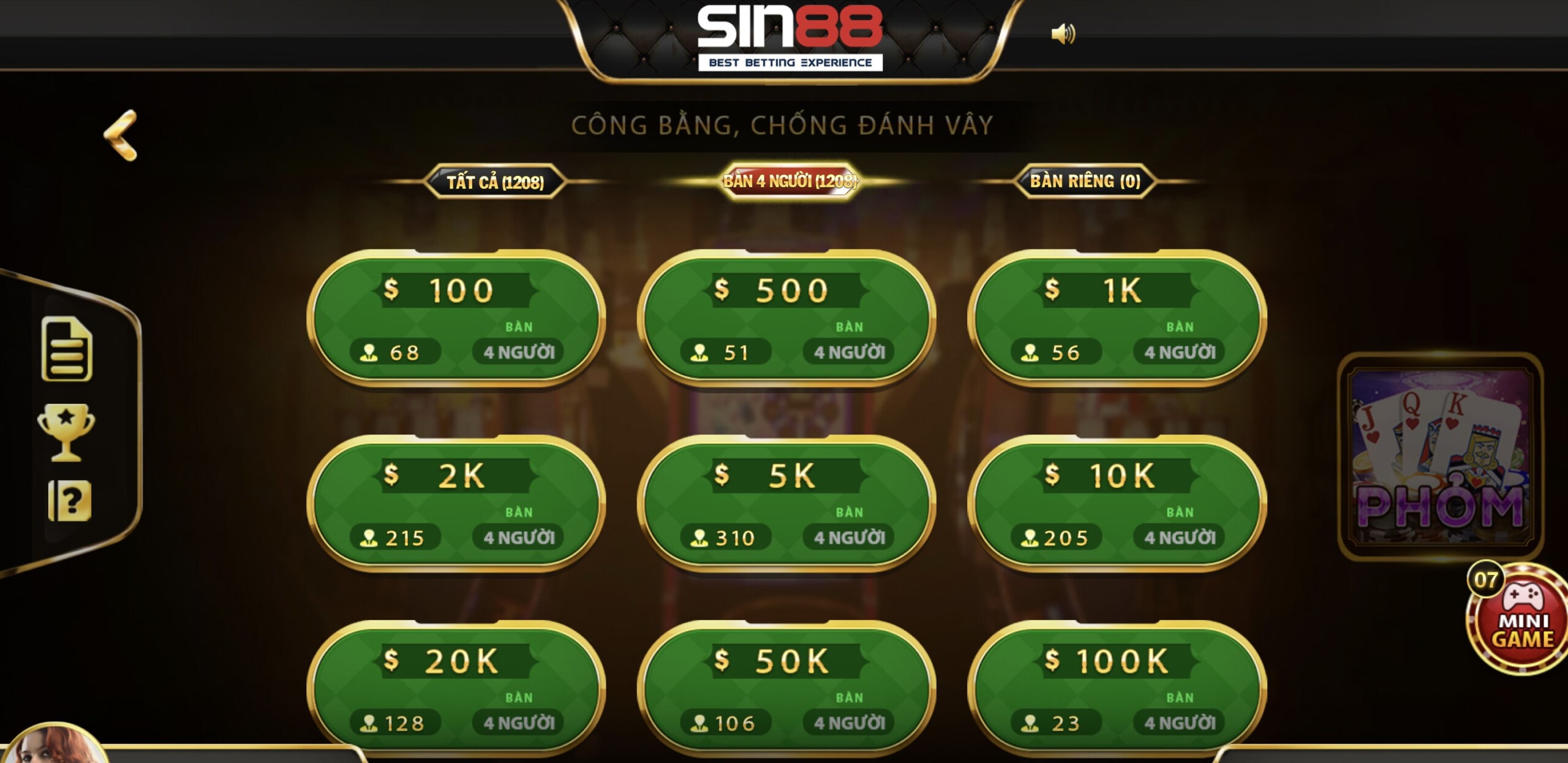 Bàn chơi và mức cược trong game bài phỏm Sin88